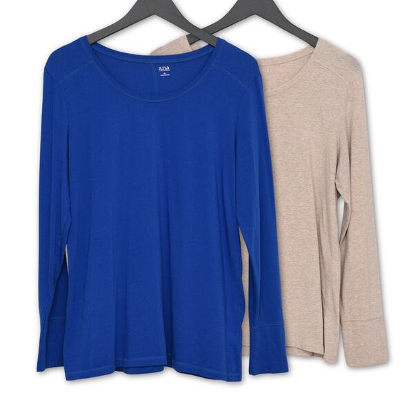A.n.a Long Sleeve Shirts (SET OF 2) - Women's Medium - Solid Blue and Beige Tops - Picture 1 of 6
